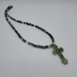Jade Cross Pendant on Jade and Mixed Stone Bead Necklace 20"
